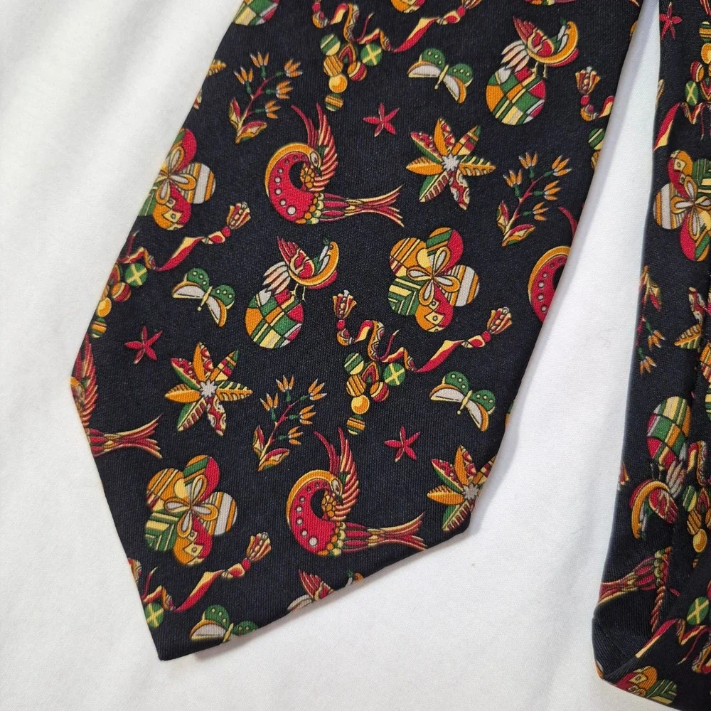 Salvatore Ferragamo Tie Men Black Silk Bird Butterfly Floral Print Italy Necktie